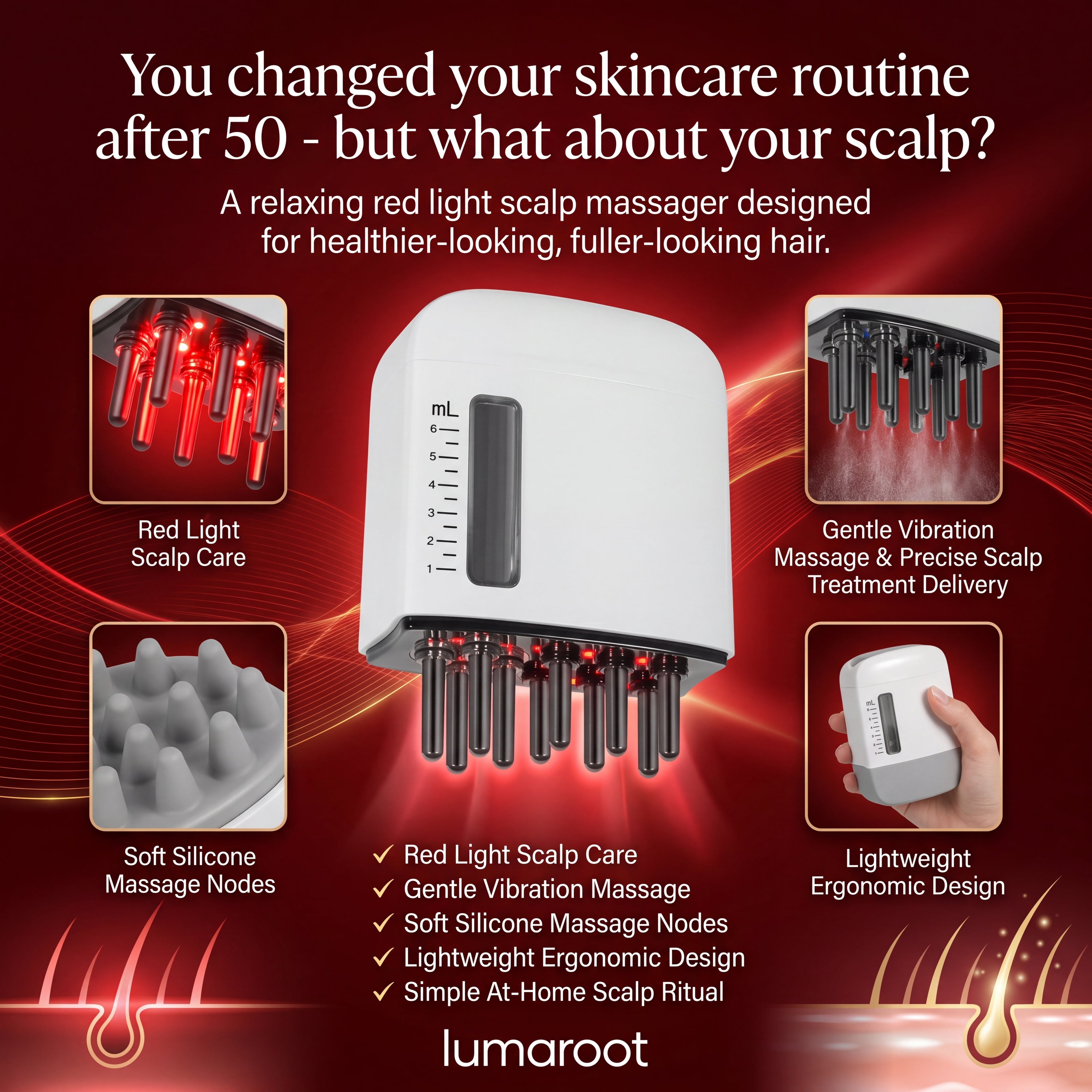 LumaRoot Scalp Revival Massager - Red Light Vibration Scalp Massage Comb for Healthier-Looking, Fuller-Looking Hair