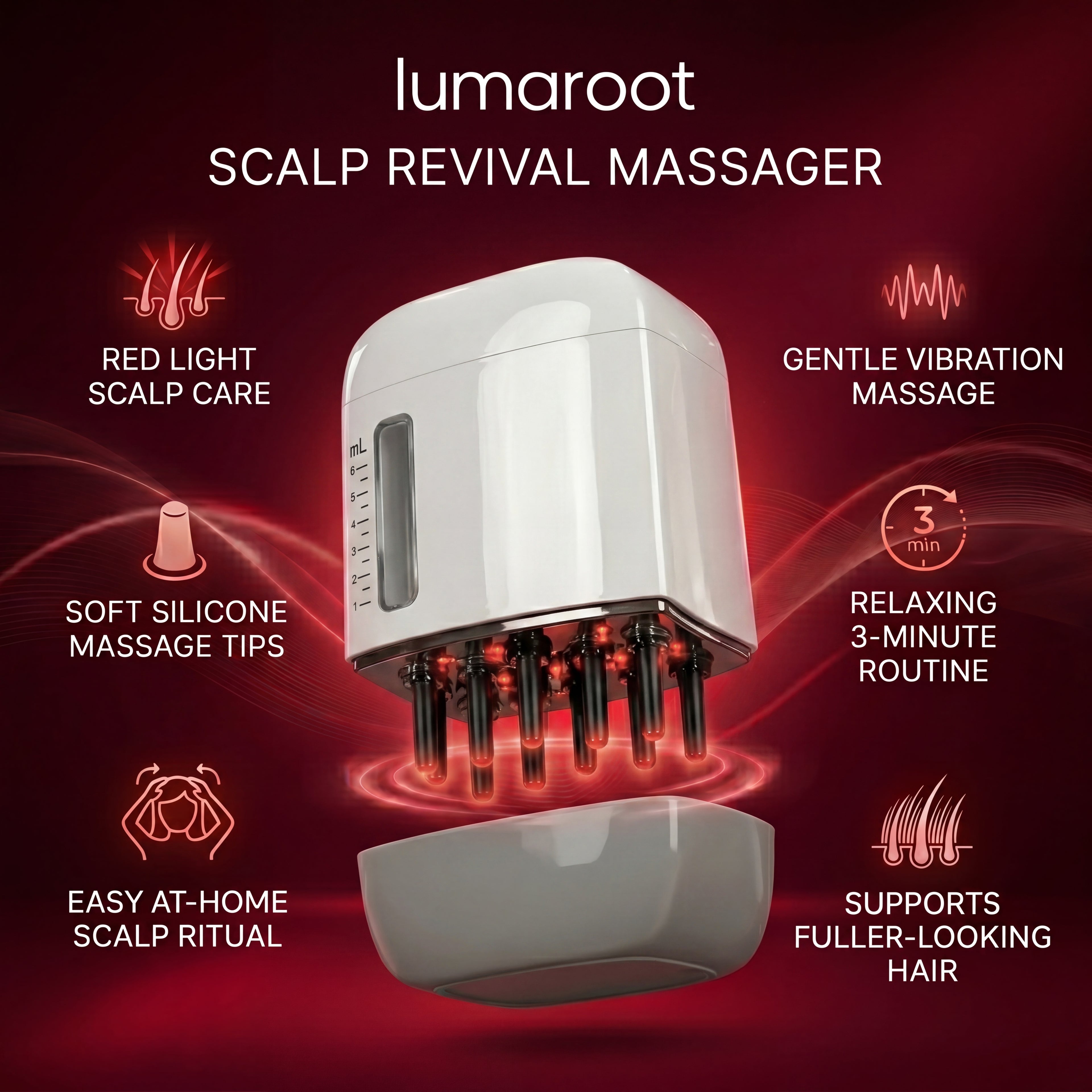 LumaRoot Scalp Revival Massager - Red Light Vibration Scalp Massage Comb for Healthier-Looking, Fuller-Looking Hair