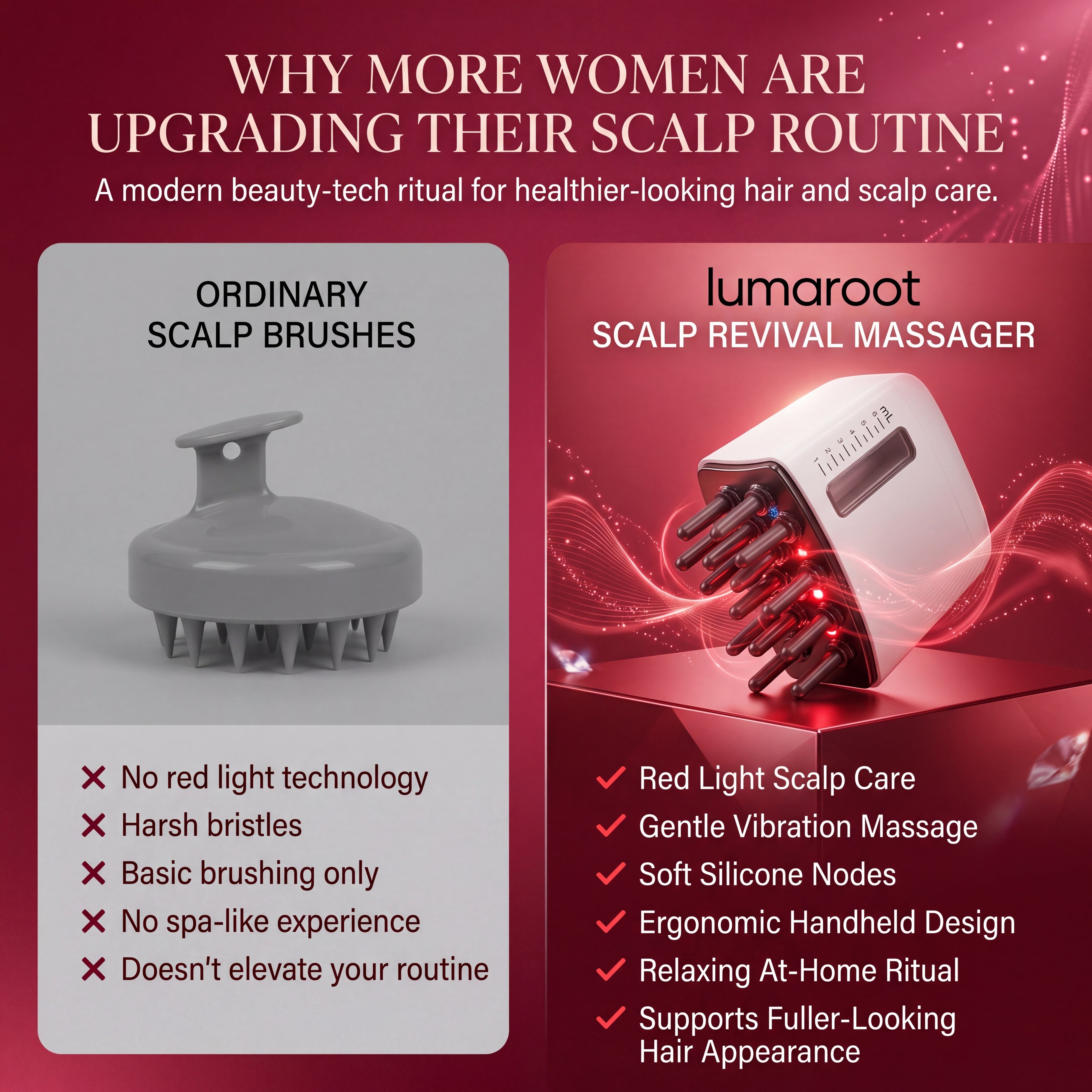 LumaRoot Scalp Revival Massager - Red Light Vibration Scalp Massage Comb for Healthier-Looking, Fuller-Looking Hair